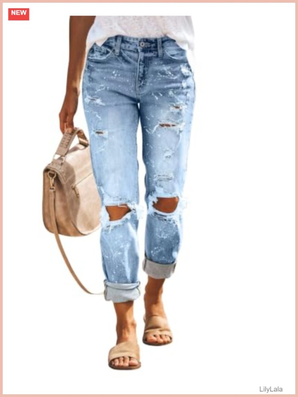 Women's Ripped Boyfriend Jeans Mid Rise Stretch Denim Straight Leg